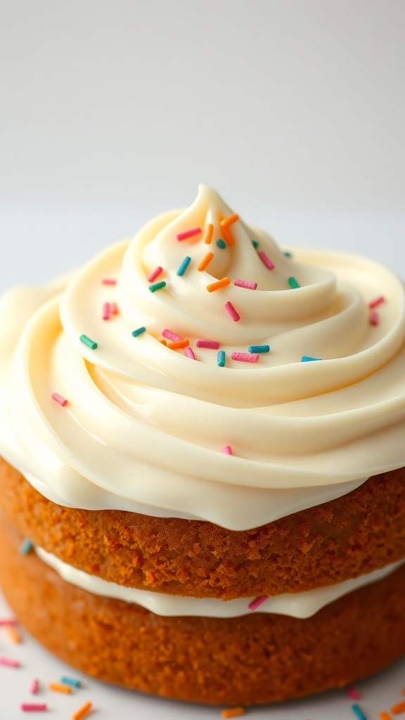 A two-layer cake with glossy 7-minute frosting and colorful sprinkles.